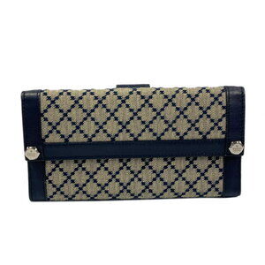 Gucci Double Hook Long Wallet Canvas Leather Navy Blue Beige
